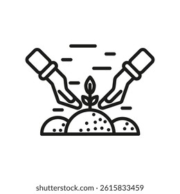 Symbol of growth: human hands gently placing seedling in soil. Ideal for organic brands, educational materials and urban farming content.