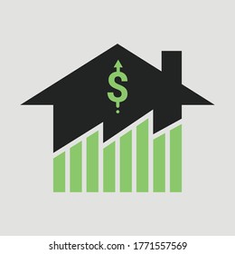 Symbol of growth in real estate business and properties market price exuberant. Design by financial chart of value rising up with home and pricing up sign. Flat Vector illustration icon