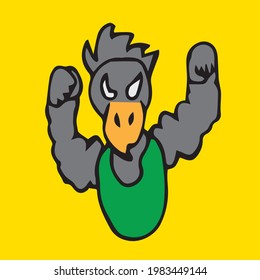 a symbol of gym fitness, a shoebill bird with a large beak and big muscles