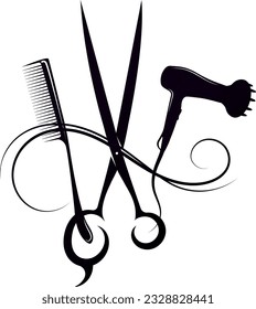 Symbol for hair stylist and beauty salon. Comb scissors and electric hair dryer silhouette