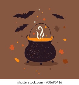 Symbol of halloween. Witches cauldron with smoking potion and bats. Vector cartoon Illustration.
