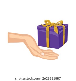 Symbol hand with gift, presentation color vector