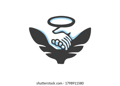 Symbol of hands hanging each other inside shape of angel with halo
