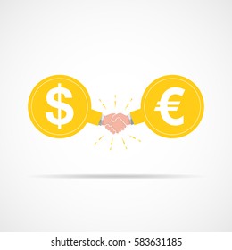 Symbol of handshake between dollar signs and the euro. Vector illustration. The concept of a contract or agreement.