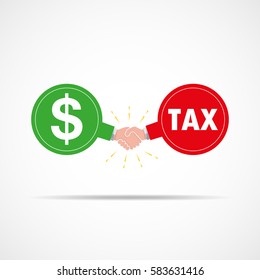 Symbol of handshake between dollar signs and tax. Vector illustration. The concept of a contract or agreement.