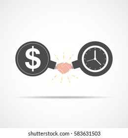 Symbol of handshake between dollar signs and clock. Vector illustration. The concept of a contract or agreement.