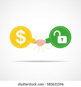 Symbol of handshake between dollar signs and open lock. Vector illustration. The concept of a contract or agreement.