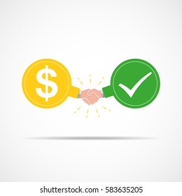 Symbol of handshake between dollar signs and check mark. Vector illustration. The concept of a contract or agreement.