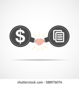 Symbol of handshake between dollar signs and business documents. Vector illustration. The concept of a contract or agreement.