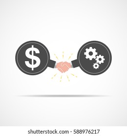 Symbol of handshake between dollar signs and work on setting. Vector illustration. The concept of a contract or agreement.
