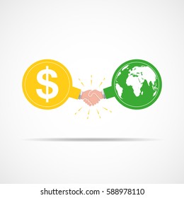 Symbol of handshake between dollar signs and globe map. Vector illustration. The concept of a contract or agreement.