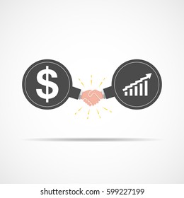 Symbol of handshake between dollar signs and bar graph. Vector illustration. The concept of a contract or agreement.