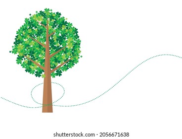 Symbol of happiness and luck, illustration of a tree made of four-leaf clover, white background, geometric pattern