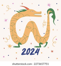 Symbol des glücklichen chinesischen Neujahrsdrachen 2024. Farbige abstrakte moderne Postkarte, Poster, Grußkarte. Zodiac-Zeichen, Jahr des grünen Holzdrachen. Stock-Vektorgrafik