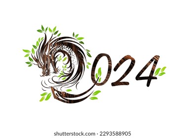 Symbol of Happy Chinese New Year 2024 green Dragon. Symbol of 2024. Wooden green dragon. Vector illustration greeting card. Zodiac sign,