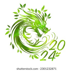 Symbol of Happy Chinese New Year 2024 green Dragon. Symbol of 2024. Wooden green dragon. Vector illustration greeting card. Zodiac sign,