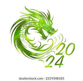 Symbol of Happy Chinese New Year 2024 green Dragon. Symbol of 2024. Wooden green dragon. Vector illustration greeting card. Zodiac sign,