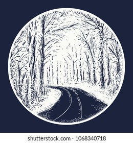 Symbol of harmony, tranquility, beautiful winter landscape, romantic print t-shirt design. Snowy winter road tattoo. Empty snow covered road