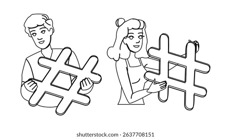 symbol hashtag people vector. network web, share media, tag woman symbol hashtag people character. people black line pencil drawing illustration
