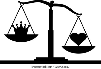 Das Symbol des Herzens Altruismus hat Vorrang vor dem Symbol der Krone des Egoismus auf der Skala der Gerechtigkeit. Vektorsilhouette. Konzept der Selbstwählbarkeit oder Selbstlosigkeit