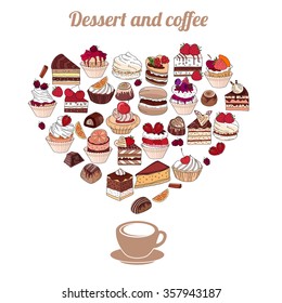 Symbol Heart made of different desserts. Cake, muffin, macaroon, pie, candy. For your design, announcements, postcards, posters, restaurant menu.