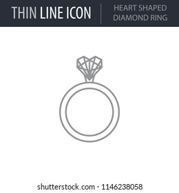 Symbol of Heart Shaped Diamond Ring. Thin line Icon of Saint Valentin Lineal. Stroke Pictogram Graphic for Web Design. Quality Outline Vector Symbol Concept. Premium Mono Linear Beautiful
