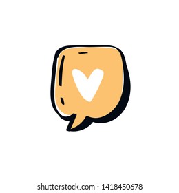 Symbol heart in yellow color cartoon speech bubble. Hand drawn slang lettering for dialogs, messages, chats etc. Handwritten text in comic style and doodle frame