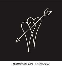 Symbol of hearts and arrow. Thin line icon of saint Valentin lineal. Hand drawn two hearts pierced with arrow. Vector sketch isolated on black background. Outline Vector Symbol.
