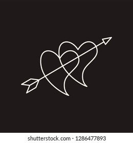 Symbol of hearts and arrow. Thin line icon of saint Valentin lineal. Hand drawn two hearts pierced with arrow. Vector sketch isolated on black background. Outline Vector Symbol.
