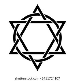 Symbol eines Hexagrams mit Zwischenkreisen. Zwei Dreiecke kreuzen mit einem Kreis. Christliches Emblem, das die Ewigkeit und Perfektion der Dreifaltigkeit repräsentiert, die Vereinigung zwischen Vater, Sohn und Heiligem Geist.