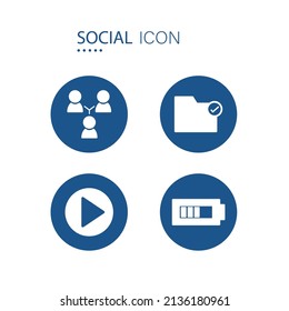 Symbol of Hierarchy chart, Folder check, Play and Battery icons. 2 icons on blue circle shape isolated on white background. Icons about social vector illustration.