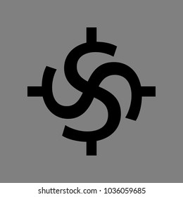 Symbol of hindu from dollars signs. Vector. Black icon on medium gray background. Isolated.