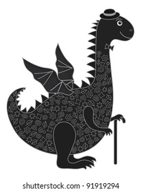 Symbol of holiday East New Years dragon in a hat with a cane, black silhouette with white lines. Vector