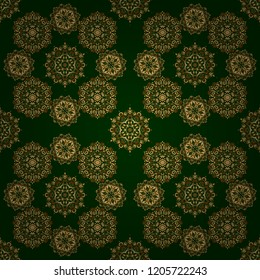 Symbol holiday, New Year 2018 celebration. Christmas gold snowflakes seamless pattern. Golden glitter snowflakes on a green background. Vector illustration. Winter snow design wallpaper.