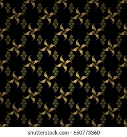 Symbol holiday, New Year 2018 celebration. Vector illustration. Winter snow design wallpaper. Christmas gold snowflakes seamless pattern. Golden glitter snowflakes on a black background.