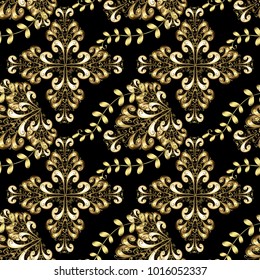 Symbol holiday, New Year celebration vector golden pattern. Golden snowflakes on black and yellow colors. Christmas golden snowflake seamless pattern. Winter snow texture wallpaper.