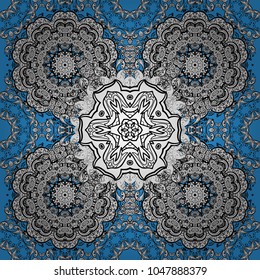 Symbol holiday, New Year celebration vector doodles pattern with doodles elements. Winter snow texture wallpaper. Doodles snowflakes on white, black, blue colors. Christmas snowflake seamless pattern.