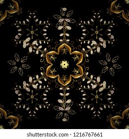 Symbol holiday, New Year celebration vector golden pattern. Winter snow texture wallpaper. Golden snowflakes on black, brown and yellow colors. Christmas golden snowflake seamless pattern.