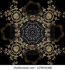 Symbol holiday, New Year celebration vector golden pattern. Christmas golden snowflake seamless pattern. Golden snowflakes on gray and black colors. Winter snow texture wallpaper.