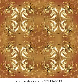 Symbol holiday, New Year celebration vector golden pattern. Winter snow texture wallpaper. Golden snowflakes on brown and beige colors. Christmas golden snowflake seamless pattern.