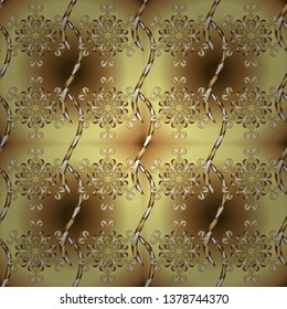 Symbol holiday, New Year celebration vector golden pattern. Christmas golden snowflake seamless pattern. Golden snowflakes on yellow and brown colors. Winter snow texture wallpaper.