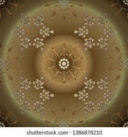 Symbol holiday, New Year celebration vector golden pattern. Christmas golden snowflake seamless pattern. Golden snowflakes on beige and brown colors. Winter snow texture wallpaper.