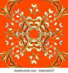 Symbol holiday, New Year celebration vector golden pattern. Golden snowflakes on orange and brown colors. Christmas golden snowflake seamless pattern. Winter snow texture wallpaper.