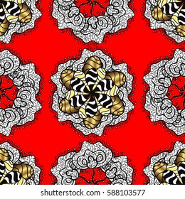 Symbol holiday, New Year celebration vector golden pattern with golden elements. Christmas gold snowflake seamless pattern. Winter snow texture wallpaper. Golden snowflakes on red background.