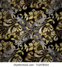 Symbol holiday, New Year celebration vector golden pattern with golden elements. Golden snowflakes on black background. Christmas gold snowflake seamless pattern. Winter snow texture wallpaper.