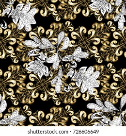 Symbol holiday, New Year celebration vector golden pattern with gold elements. Winter snow texture wallpaper. Golden snowflakes on black, white, beige colors. Christmas gold snowflake seamless pattern