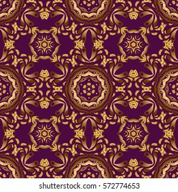 Symbol of holiday. Stars seamless pattern gold and purple retro background. Abstract vector bright golden design for wallpaper, Christmas decoration, confetti, textile, wrapping.
