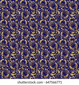 Symbol of holiday. Stars seamless pattern gold and blue retro background. Abstract vector bright golden design for wallpaper, Christmas decoration, confetti, textile, wrapping.