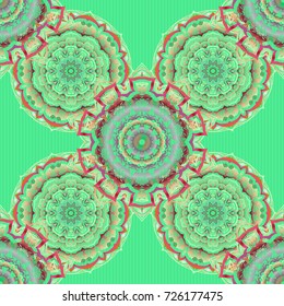Symbol of holiday. Stars seamless pattern in green, beige and red colors. Abstract vector bright design for wallpaper, Christmas decoration, confetti, textile, wrapping.
