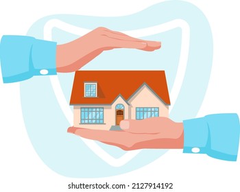 Symbol of home protection, insurance policy. Hands protect your home. Your property is completely safe and protected. The concept of safety and protection of your property. Stock vector illustration. 